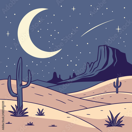 Stylized desert landscape under a crescent moon and starry night sky with a shooting star