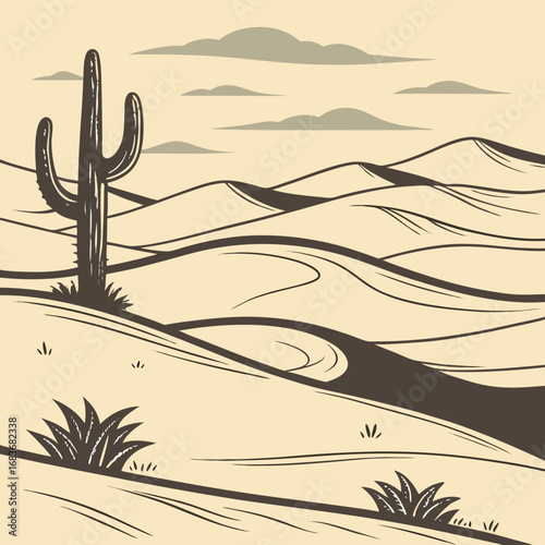 Stylized desert landscape with a saguaro cactus rolling sand dunes and scattered clouds