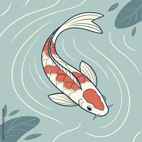 Stylized illustration of a single red and white koi fish swimming in calm blue water with leaves