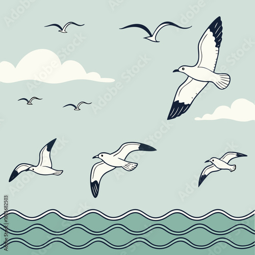 Stylized illustration of seagulls flying over wavy ocean water with scattered clouds in a light blue sky