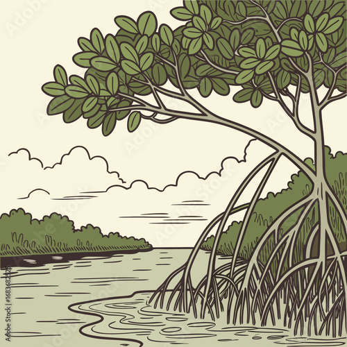 Stylized illustration of a mangrove tree with exposed roots growing in calm water under a cloudy sky
