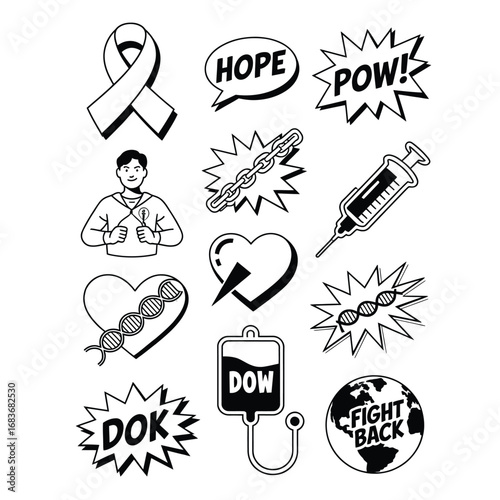 Black and white comic style medical awareness bundle with superhero, ribbon, DNA, syringe, stethoscope, globe, and action icons