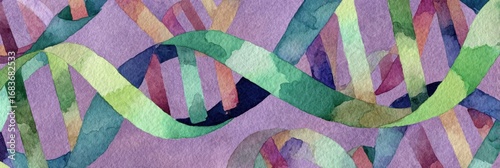 Panel kuchenny z motywem Vibrant watercolor art showcases intertwined DNA strands in green, purple, and pink on a textured purple background, highlighting genetic complexity.