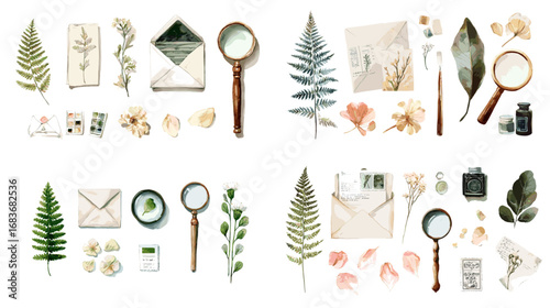 Elegant watercolor botanical set with leaves, flowers, magnifying glass, vintage envelopes, and nature-inspired stationery. Perfect for invitations and scrapbooking.