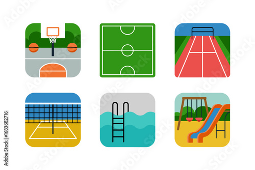 Playground sports and leisure icons, court, pool, slide, climbing frame, swimming ladder, outdoor park amenities, recreational facility graphics