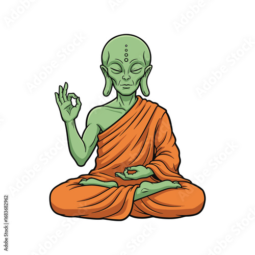 An alien Buddha figure in orange robes, meditating with a serene expression, and the 'OK' hand gesture.
