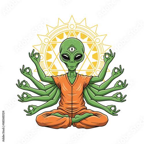 A spiritual alien deity with multiple arms and a third eye, meditating in a lotus pose, similar to a Hindu god vector illustration.