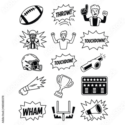 Black and white comic-style football bundle with quarterback, helmet, fan, referee, whistle, trophy, scoreboard, goal post, and megaphone