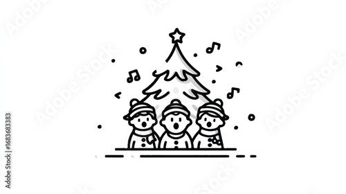 Christmas Carollers with Christmas Tree and Notes Singing Together in Harmony and Celebration