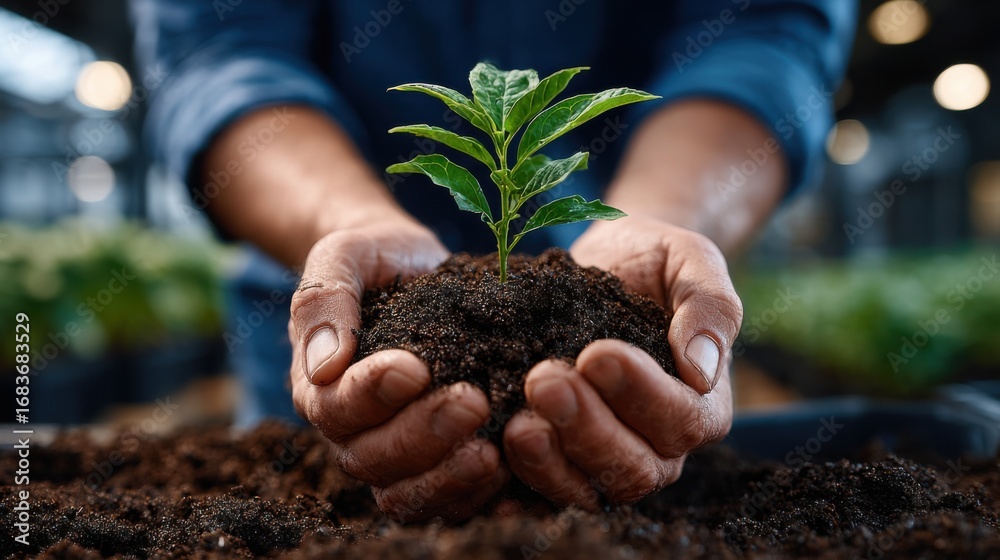 Hands holding a green seedling in soil, symbolizing growth, sustainability, and eco-awareness in natural light. Hands holding a green seedling in soil, symbolizing growth, sustainability, and eco-awareness in natural light.