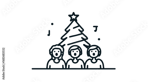 Christmas Carols Trio with Festive Tree Outline Illustration Celebratory Singing Season Vector
