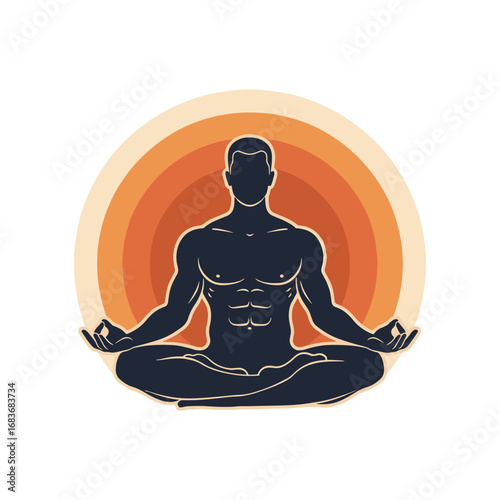 A silhouette of a muscular man in a meditative lotus pose against a warm and circular sunset background vector illustration.