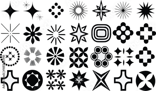Abstract decorative vector shapes set with stars, flowers, crosses, circles, retro patterns, geometric symbols, creative icons and modern designs