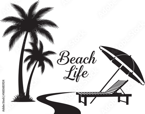 Black and white beach scene with palm trees and deck chair illustration