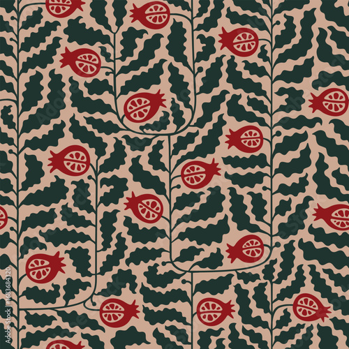 Abstract modern geometric botanical pomegranate foliage vector seamless pattern. Simple armenian background for menu, textile, package