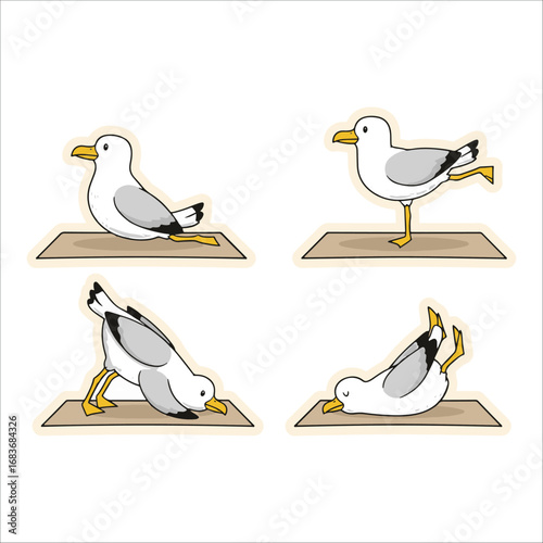 A cute cartoon seagull character practicing different yoga poses on a mat, a funny animal wellness and fitness set vector illustration