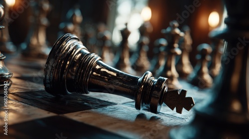 Close-up of a fallen chess king symbolizing defeat in strategy, surrounded by standing pieces, highlighting leadership failure and strategic loss.
