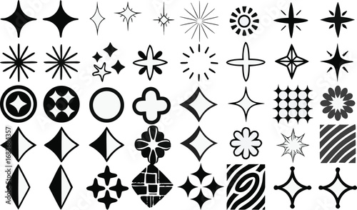 Abstract starburst and diamond shapes vector collection with decorative symbols, retro patterns, glowing icons, geometric elements and design art