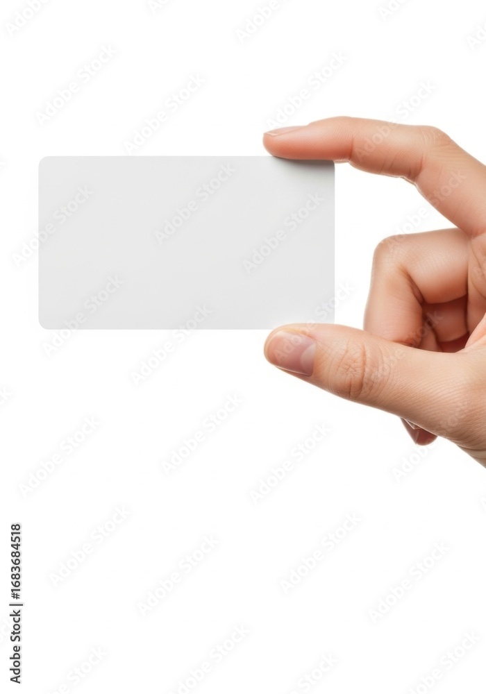 Obraz premium Human hand holding a blank white business card mockup for branding presentation, isolated on white background with copy space