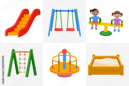 Kids playground activity vector set, slides, swing sets, seesaw, climbing ladder, roundabout, sandbox play area illustrations