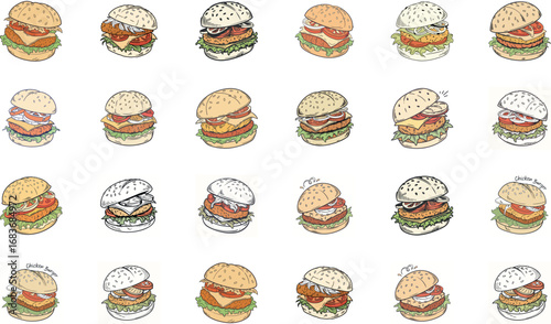 Colorful hand drawn fast food vector illustration set including burgers, pizza slices, tacos, wraps, sandwiches, french fries, nachos, shawarma, garlic bread, desserts and snacks – cartoon junk food i