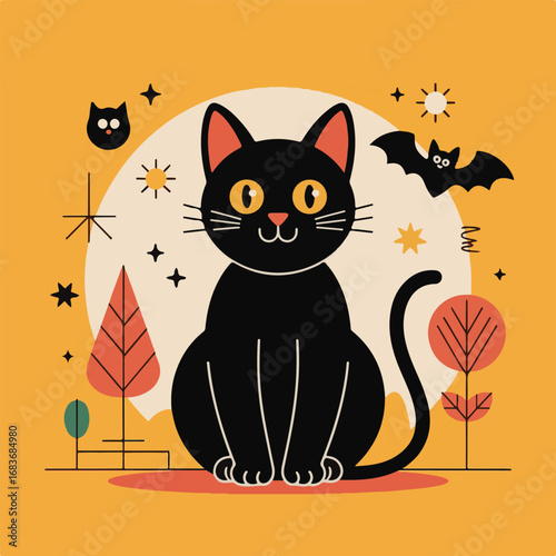 Cute Halloween Black Cat with Bat Vector