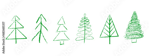 Hand drawn Christmas tree set. Crayon and pastel doodle sketches of pine and spruce. Childlike chalk style festive vector illustration on white background