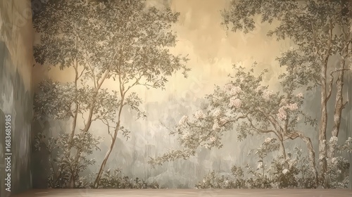 Wall painting with the image of trees and forest. Design for wallpaper, photo wallpaper, frescoes, wall painting and other works.