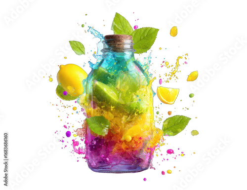 Vibrant colorful drink in a glass bottle with splashes and fruit