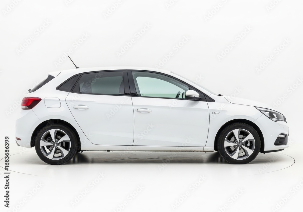 Obraz premium White hatchback car parked in a studio with white background