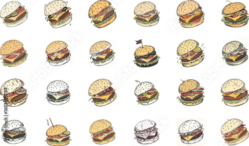 Colorful hand drawn fast food vector illustration set including burgers, pizza slices, tacos, wraps, sandwiches, french fries, nachos, shawarma, garlic bread, desserts and snacks – cartoon junk food i