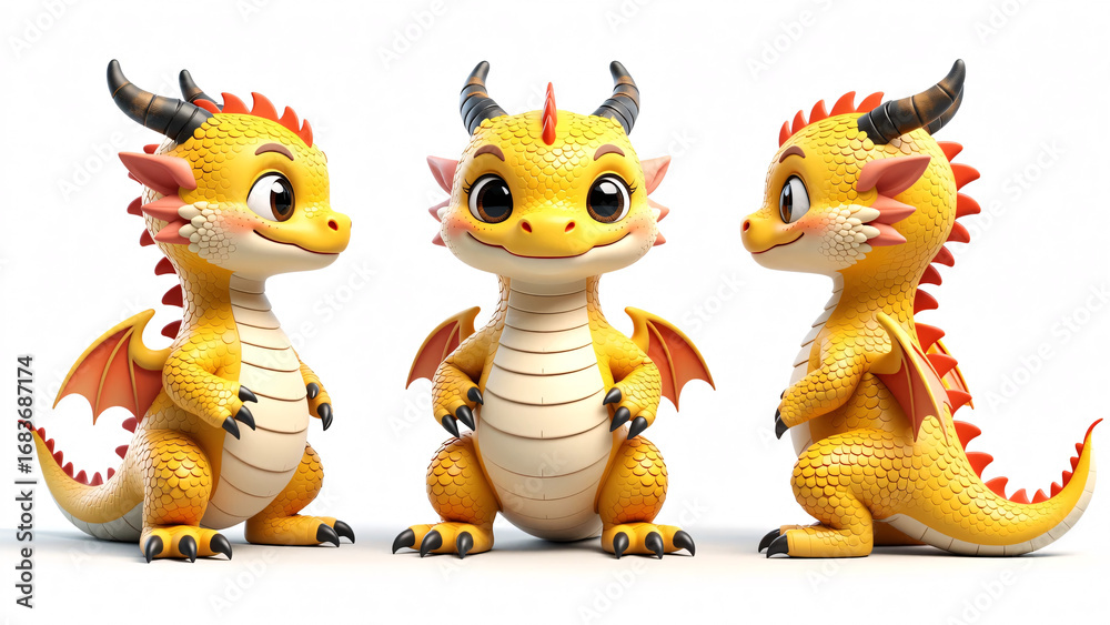 Naklejka premium Cute Yellow Dragon in Various Poses