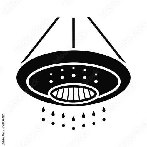 Vector art of a black and illustration of a shower head with water droplets falling from it, isolated a