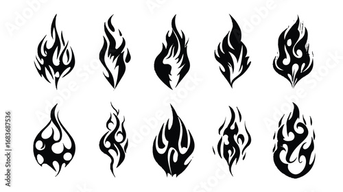 Collection of Diverse Flame Designs Black Silhouette on White Background Illustration Concept for Design Ideas