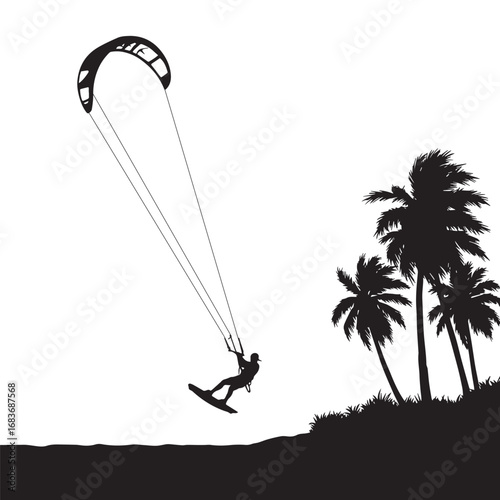 Silhouette of a kitesurfer against a tropical backdrop with palm trees