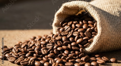 Roasted coffee beans spill from a burlap sack