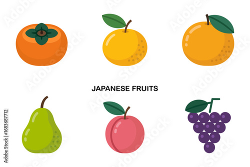 Japanese fruit vector illustrations, persimmon yuzu pear grape apple icons, seasonal produce set, traditional market food graphics