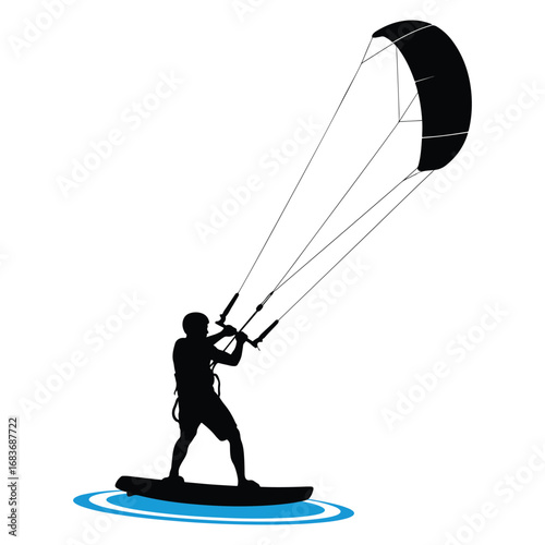Silhouette of a kitesurfer riding a board on blue water with a large kite