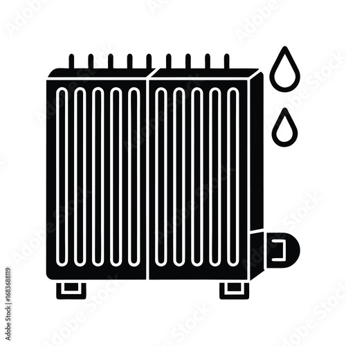 Vector art of radiator icon with water drops, representing heating system leak or maintenance