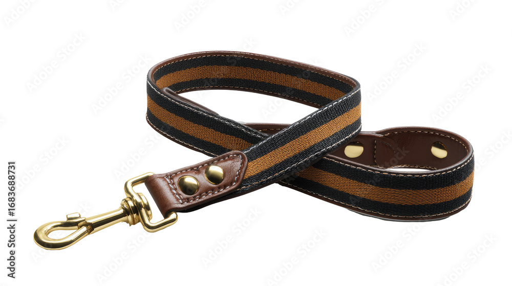 Obraz premium A dark navy and tan dog leash, featuring wide stripes, a brass hook, and leather accents