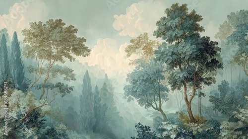 Fototapeta Naklejka Na Ścianę i Meble -  Wallpaper design with a forest theme. Design for wallpaper, photo wallpaper, frescoes, wall painting and other works.