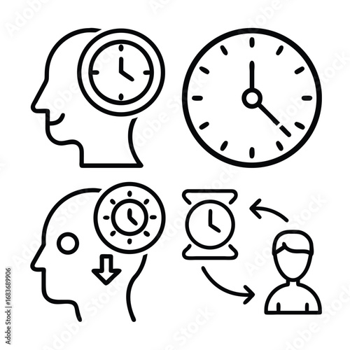 A set of four line art icons illustrating the relationship between the human mind and the concept of time management and efficiency.
