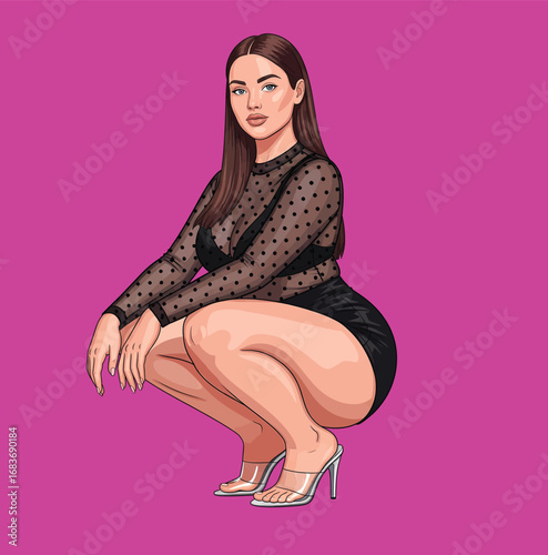 Woman in Sheer Black Polka‑Dot Top Squatting Against Magenta Background