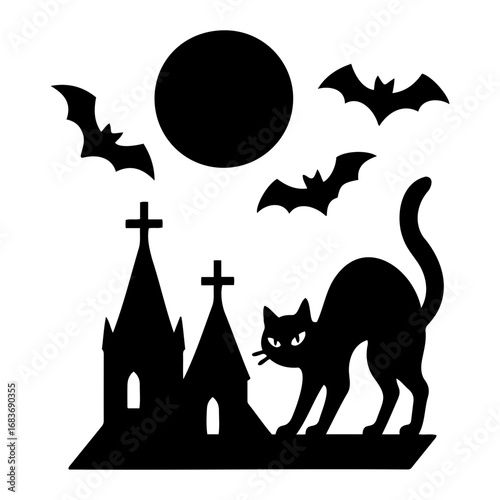 Silhouette of a cat bats moon and church on a halloween themed vector image
