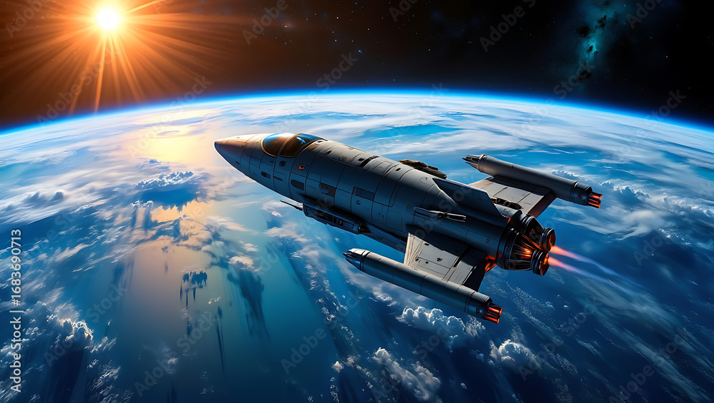 custom made wallpaper toronto digitalA futuristic spaceship travels through space, with the earth and the sun visible in the background