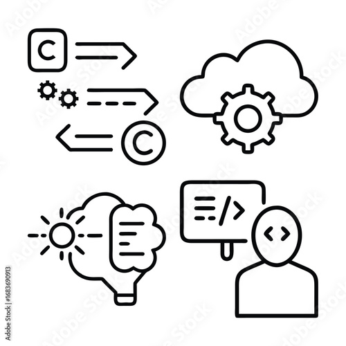 A collection of four black and white line art icons depicting programming, cloud services, idea generation, and software development.