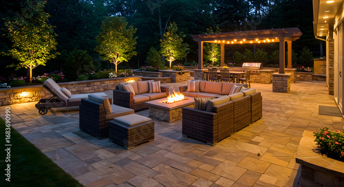 Cozy outdoor patio with a stone fire pit and comfortable seating illuminated by warm evening lights