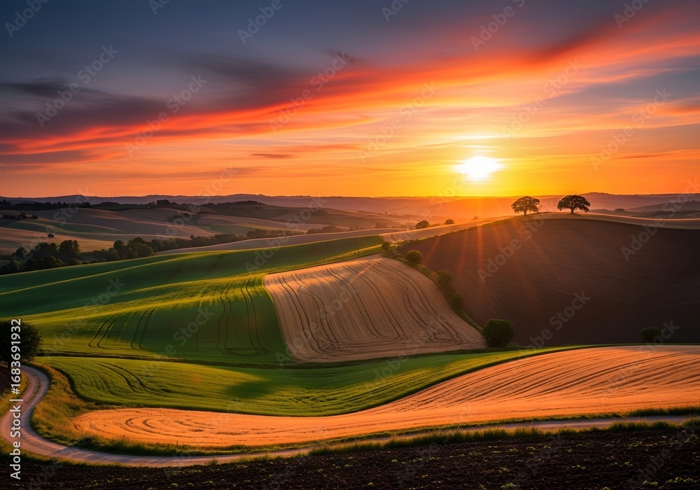 Fototapeta premium Sunset over the rolling hills of tuscany with a winding road and colorful sky at dusk