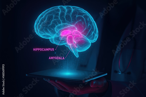Holographic Brain Scan Showing Hippocampus and Amygdala - Illustration