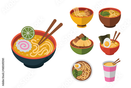 Ramen noodle soup vector illustrations, assorted bowl icons with toppings, Japanese fast food collection, delicious meal illustrations